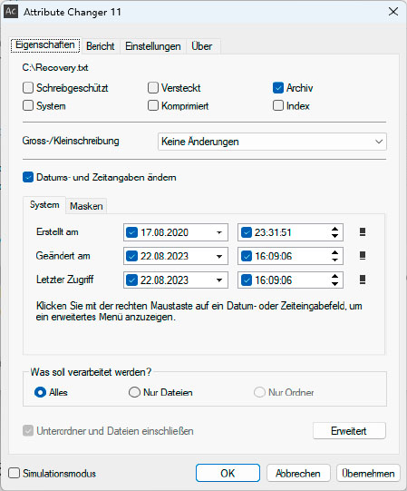 Der Attribute Changer zeigt die Attribute einer Datei an und lässt Sie sie bearbeiten. Außerdem kann das Tool auch das Erstellungs-, Änderungs- und das Datum des letzten Zugriffs ändern.