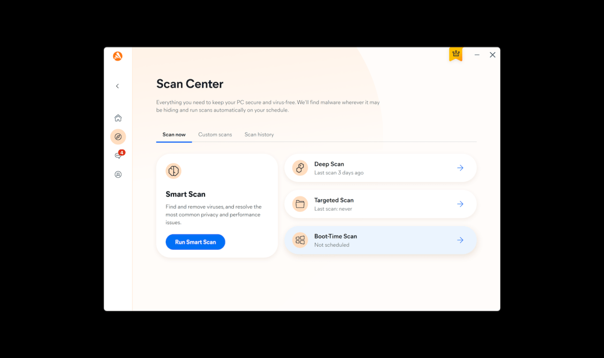 The Scan Center dashboard of the Avast One app for Windows, detailing quick scan, deep scan, and boot-time scan options