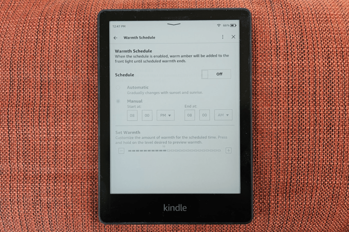Kindle screen warmth scheduling